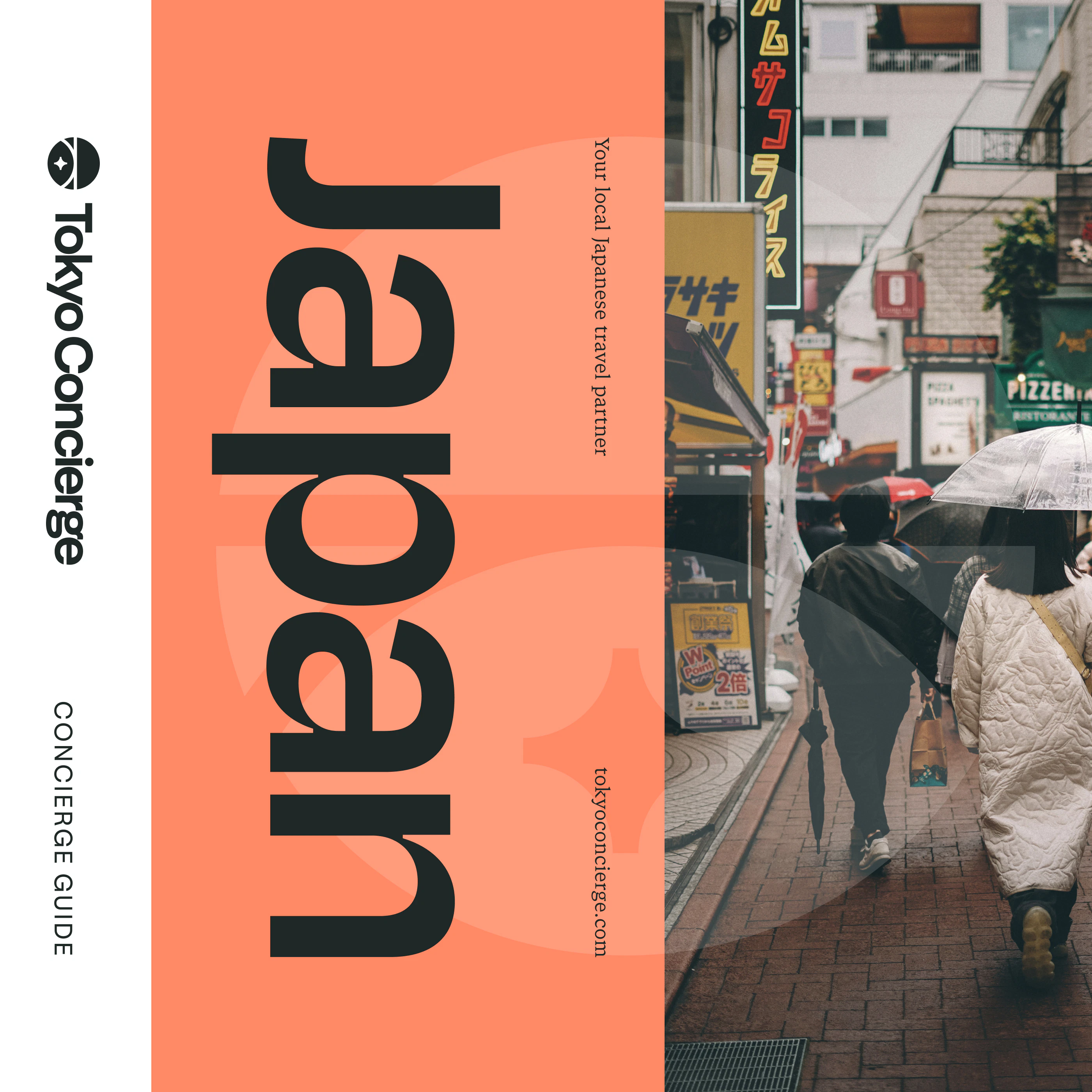 A composition of large design elements, making up a concierge guide for Japan for Tokyo Concierge’s brand 