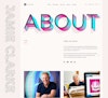 A composition of selected elements from Jamie Clarke’s website, featuring bold 3D text spelling “About,” a biography section, and images of Jamie working. The design highlights his expertise in type design and lettering.