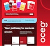A composition of selected elements from the OCEG website, featuring bold typography, certification cards, and a structured career pathway for becoming a GRC professional. The design uses a striking red colour scheme with modern layouts.
