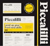 A composition of selected elements from the “Piccalilli” website, showcasing its brand identity. The design features bold typography, a black and yellow colour scheme, and highlights from the site, including articles, courses, and a front-end education tagline.
