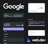 A composition of selected elements from the “web.dev” website by Google, showcasing its design system, web vitals insights, code examples, and accessibility guidelines. The layout features a dark theme with a modern interface.